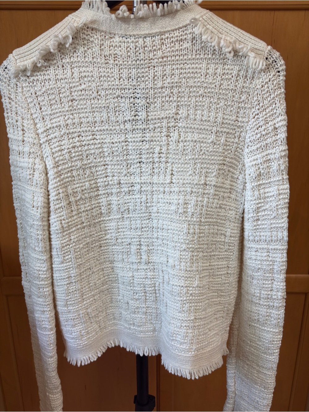 INTERMIX Cream Ivory Fringe Tweed Knit Jacket Collarless Open Front Small Size 2 - Picture 2 of 16